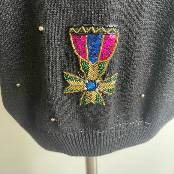 Vintage 1990s Celina Yang Black Sweater w Sequin Epaulets SP Petite Small Pearls - Picture 5 of 11
